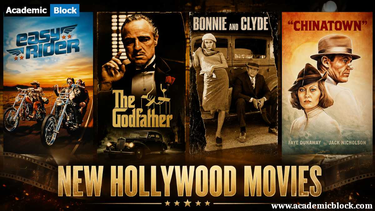 Collage showcasing four iconic New Hollywood films that defined a bold new era of American filmmaking.