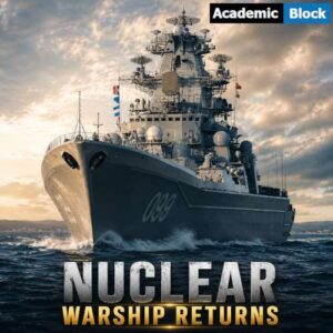Image showing Admiral Nakhimov, a powerful nuclear warship, at sea with the title NUCLEAR WARSHIP RETURNS displayed at the bottom.