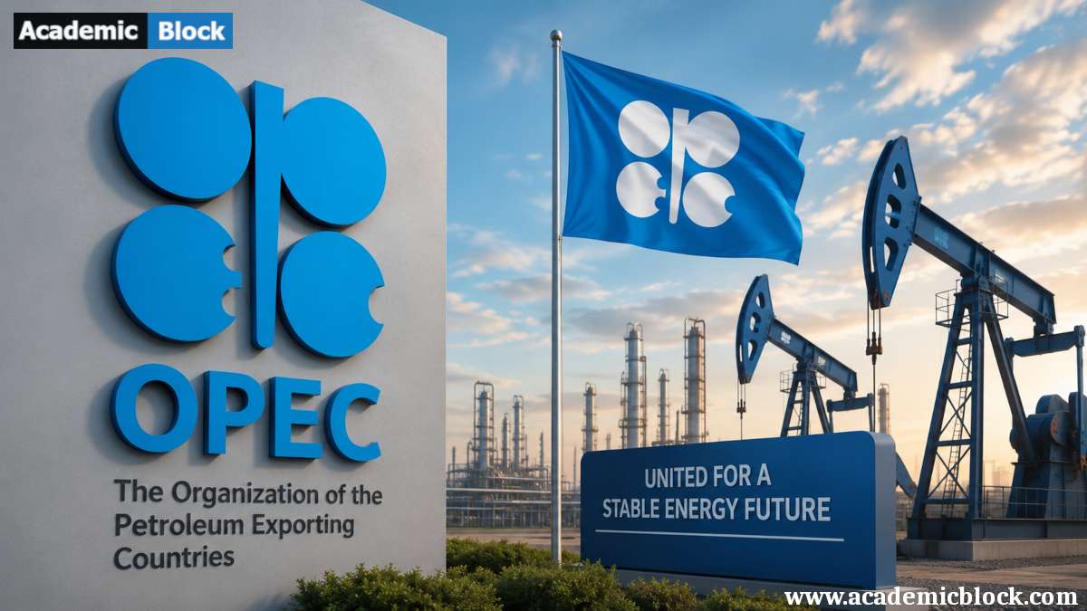Image of OPEC featuring its iconic logo alongside oil refineries and pumpjacks, symbolizing global petroleum production.