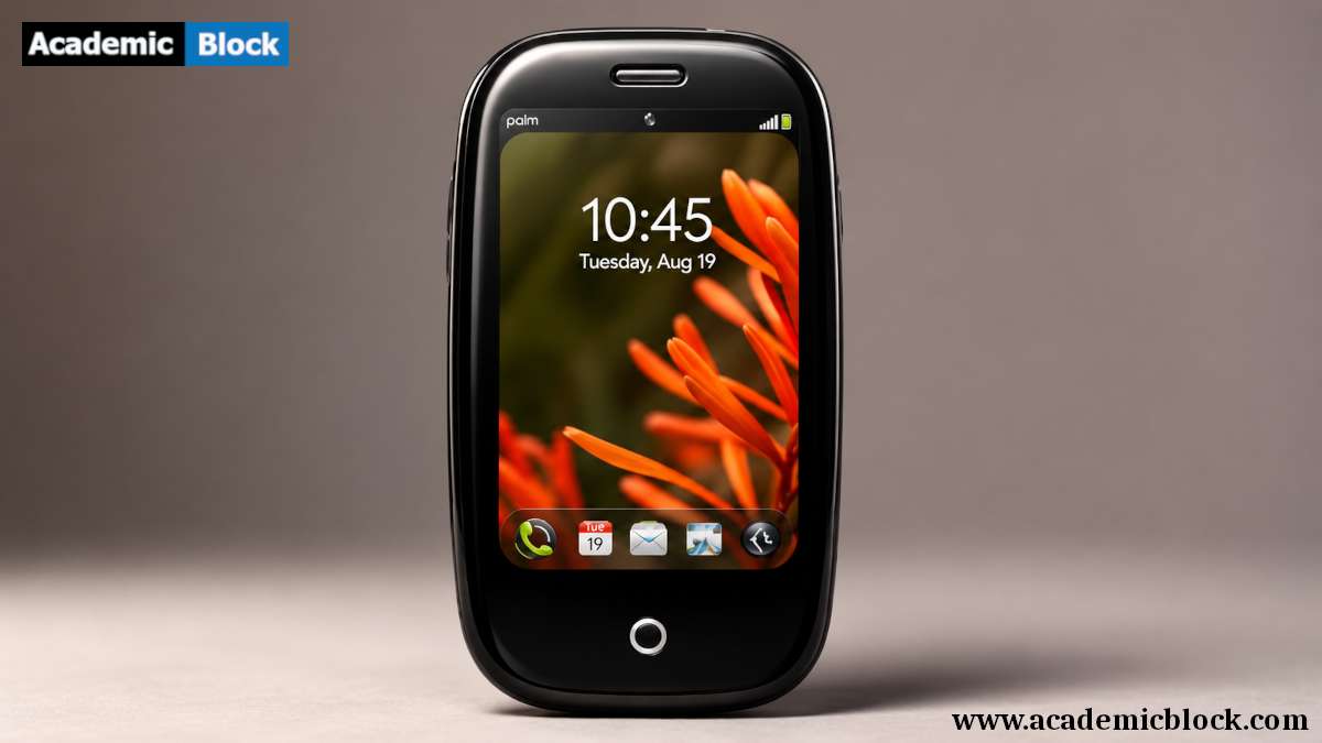A studio-style product render of the iconic Palm Pre smartphone with its signature curved design and glossy touchscreen.
