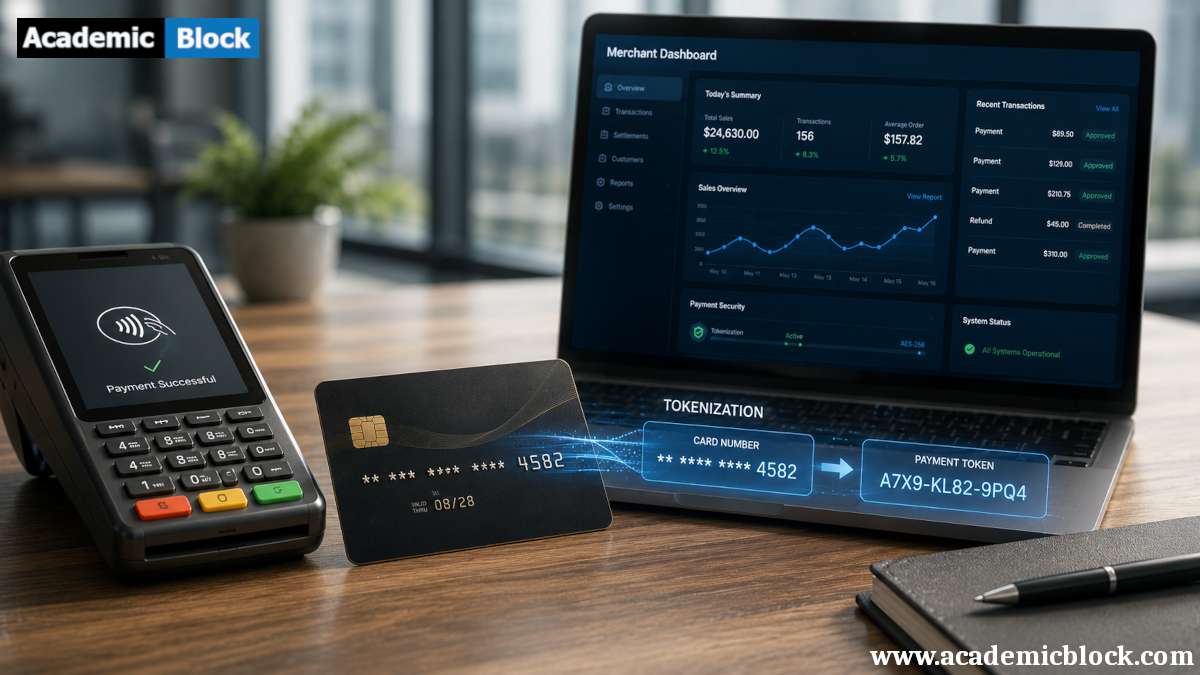 A payment terminal securely converts a credit card number into an encrypted payment token, illustrating how tokenization protects sensitive card data during merchant transactions.