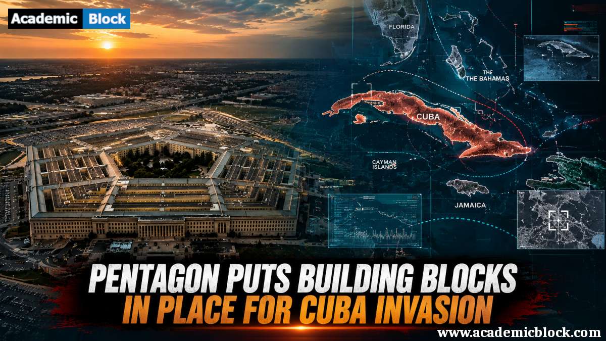 Image showing a Pentagon aerial view with a strategic map of Cuba highlighting reported U.S. military planning.
