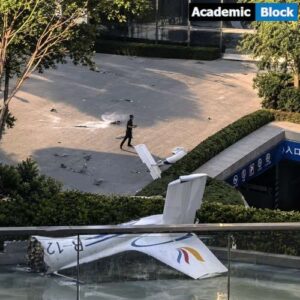 Image showing the damaged section of the aircraft after it crashed into Beijing's CITIC Tower.