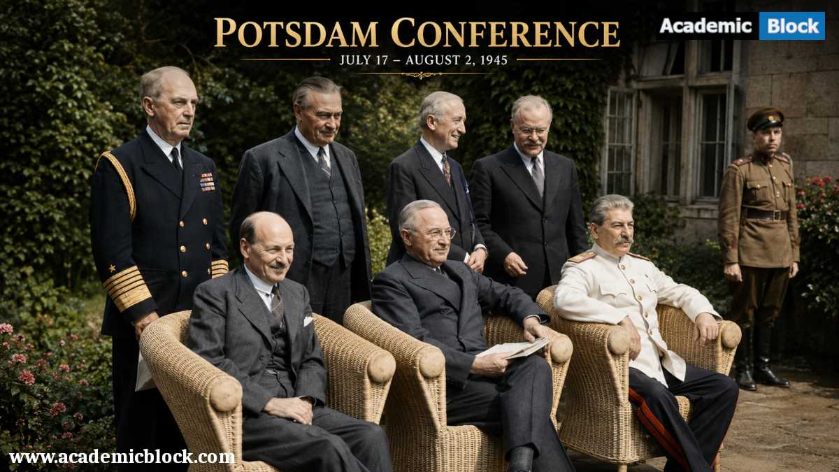 Historical image of Allied leaders during the Potsdam Conference in a formal garden setting.