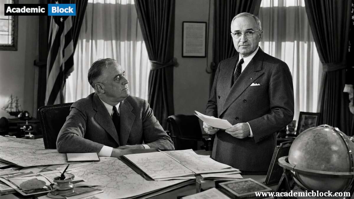 Black-and-white depiction of Franklin D. Roosevelt passing leadership to Harry S. Truman in the White House during World War II.