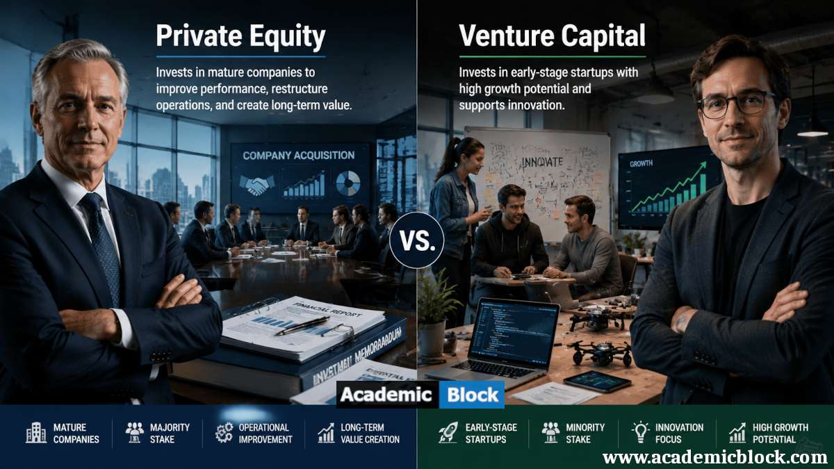 This side-by-side image compares Private Equity, which focuses on majority-stake investments in mature companies to restructure them for long-term value, and Venture Capital, which targets minority-stake investments in early-stage tech startups with high growth and innovation potential.