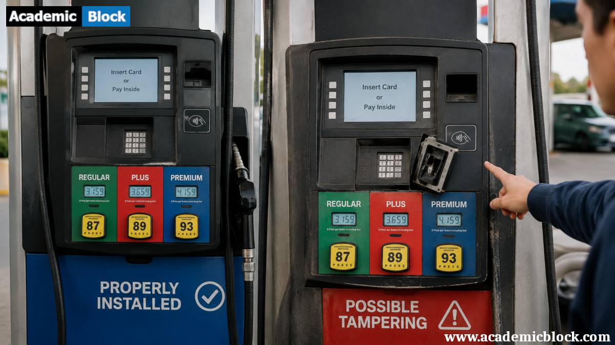 Side-by-side comparison of a properly installed gas pump card reader and a suspiciously loose reader, highlighting potential payment terminal tampering.