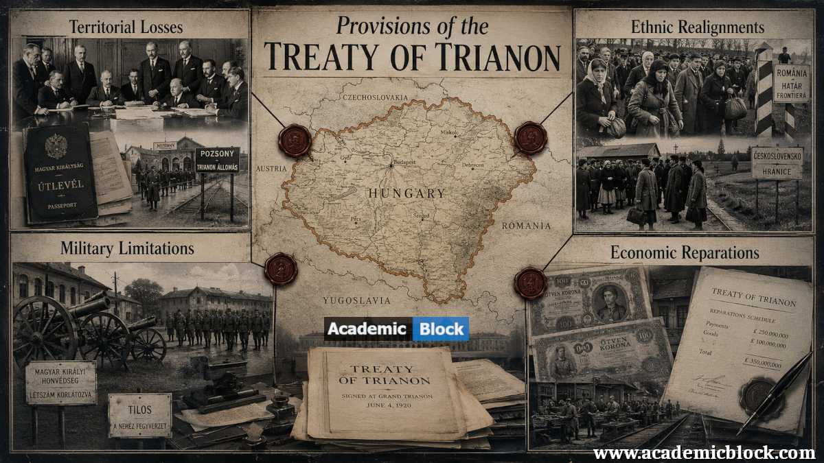 Image showing the Treaty of Trianon with a central map of Hungary and four panels illustrating its major provisions, Territorial Losses, Ethnic Realignments, Military Limitations, and Economic Reparations.