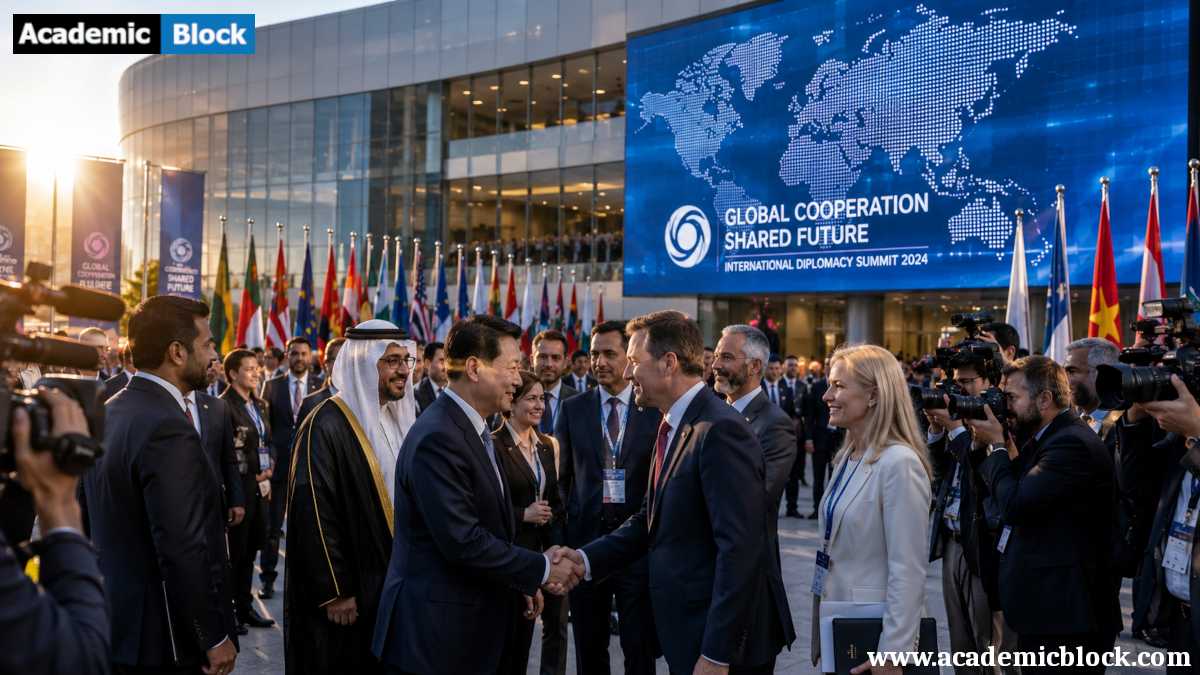 World leaders shake hands at an international diplomacy summit with national flags and global cooperation displays.