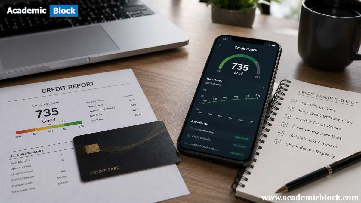 A closed credit card, improving credit score, and a credit health checklist illustrate the key steps to rebuilding your credit after closing a credit card account.