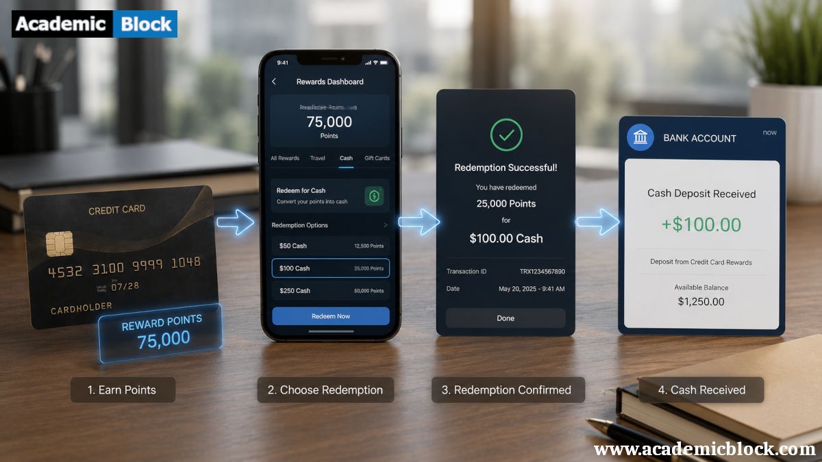 A step-by-step illustration shows credit card reward points being redeemed through a mobile app and successfully converted into a cash deposit in a bank account.