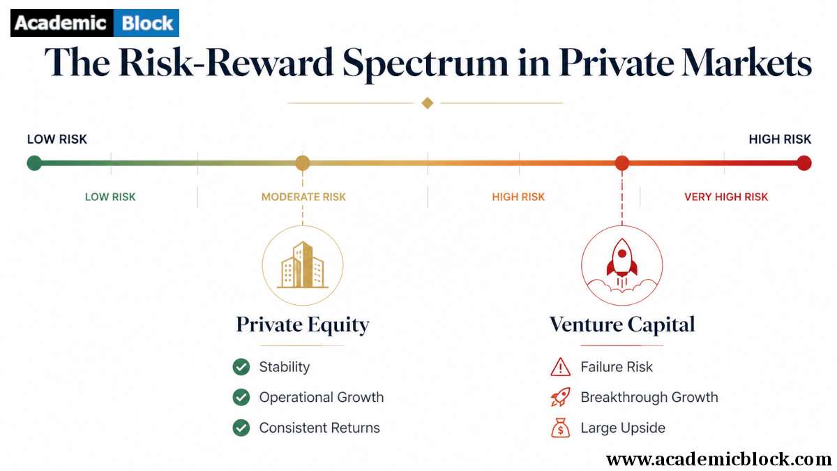 Image showing Risk and reward spectrum infographic comparing Private Equity and Venture Capital with a modern finance design.