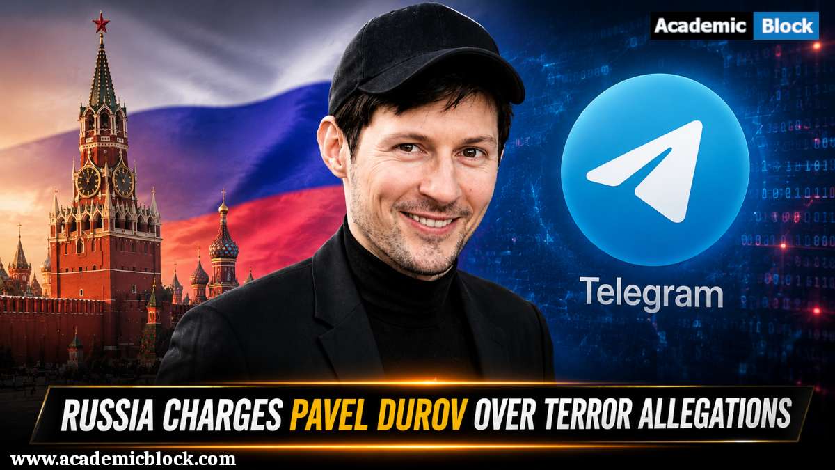 Image showing Pavel Durov alongside the Telegram logo with a Russia-themed background, illustrating Russia's terror-related allegations against the Telegram founder.