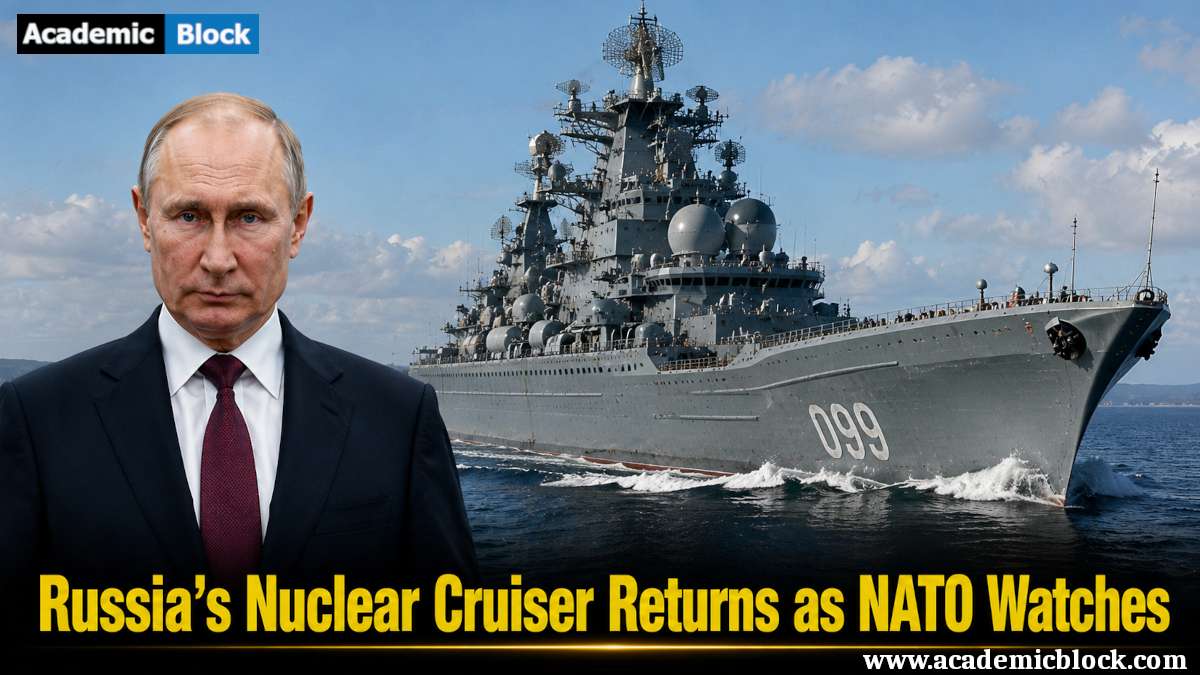 Image showing Vladimir Putin beside a Russian nuclear cruiser, Admiral Nakhimov, at sea under storm clouds, with the headline Russia's Nuclear Cruiser Returns as NATO Watches.