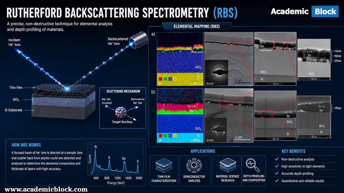Image of of Rutherford Backscattering Spectrometry (RBS) showing ion beam analysis, elemental mapping, and thin-film material characterization.