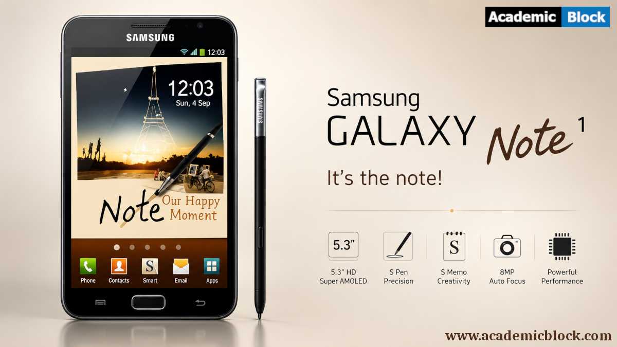 Samsung Galaxy Note 1 with its iconic S Pen showcased in a sleek promotional design.