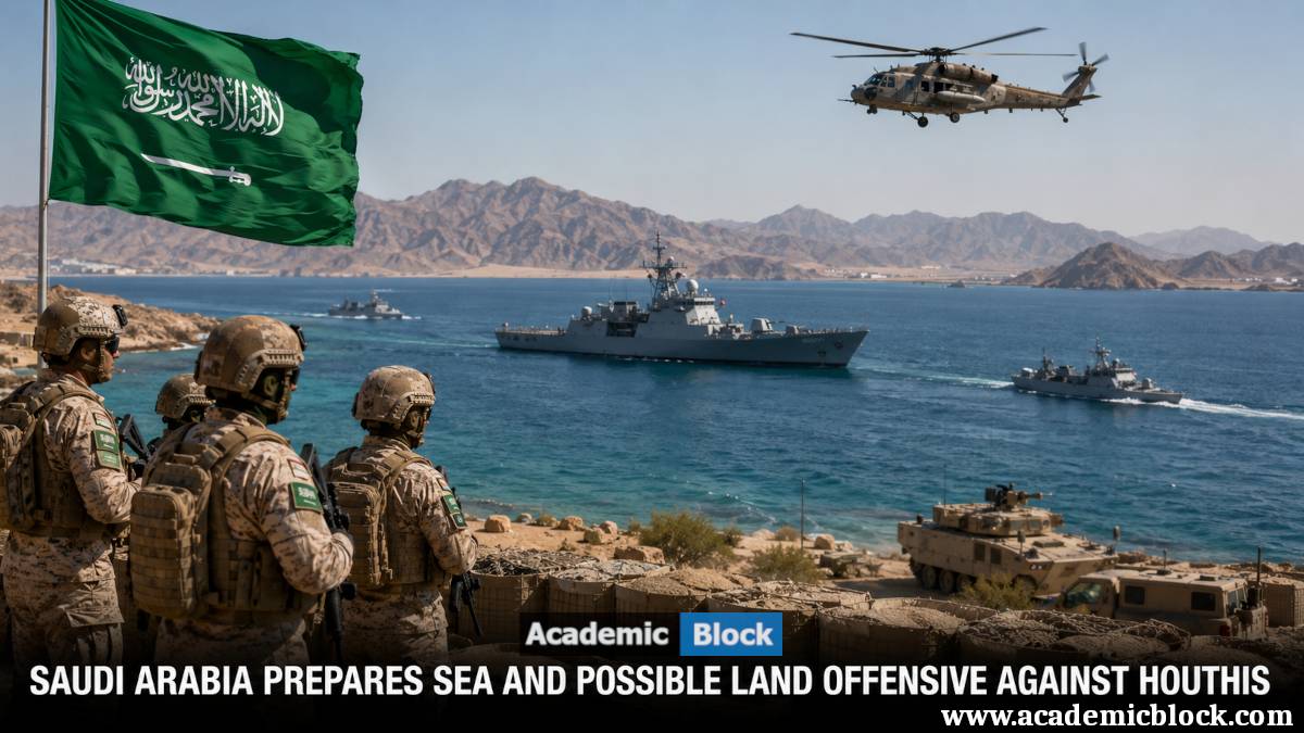 Image showing Saudi soldiers, naval warships, military vehicles, and a helicopter near the Red Sea as Saudi Arabia prepares a possible sea and land offensive against the Houthis.