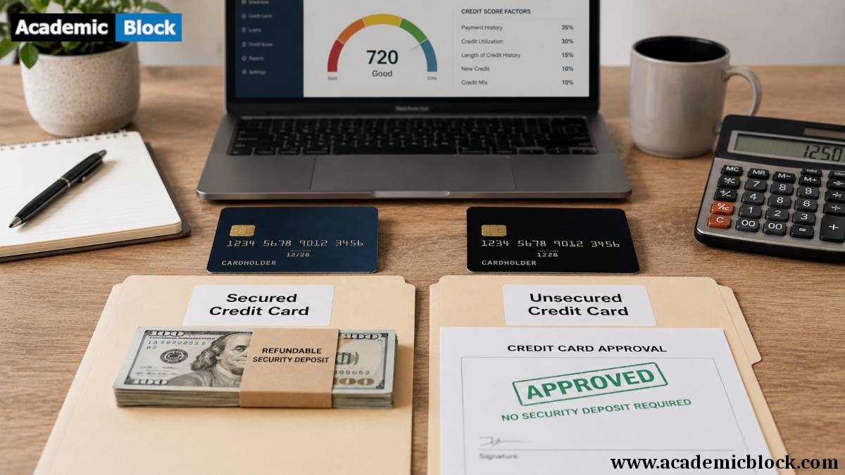 Two generic credit cards are compared in a financial workspace, illustrating the difference between secured and unsecured credit cards with supporting documents.
