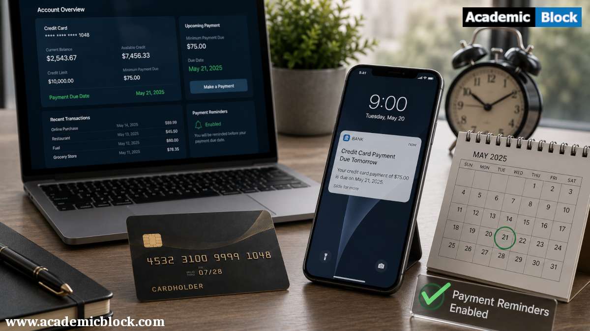 A credit card payment reminder on a smartphone, paired with a highlighted due date and online banking dashboard, illustrates how payment notifications help avoid late fees.