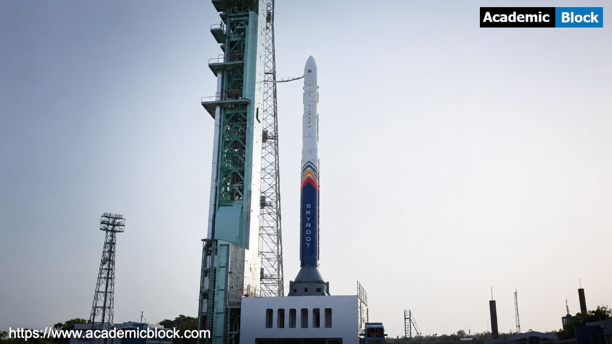 Description: Image shows Vikram-1, India's first privately developed orbital rocket by startup Skyroot Aerospace, on the launch platform.