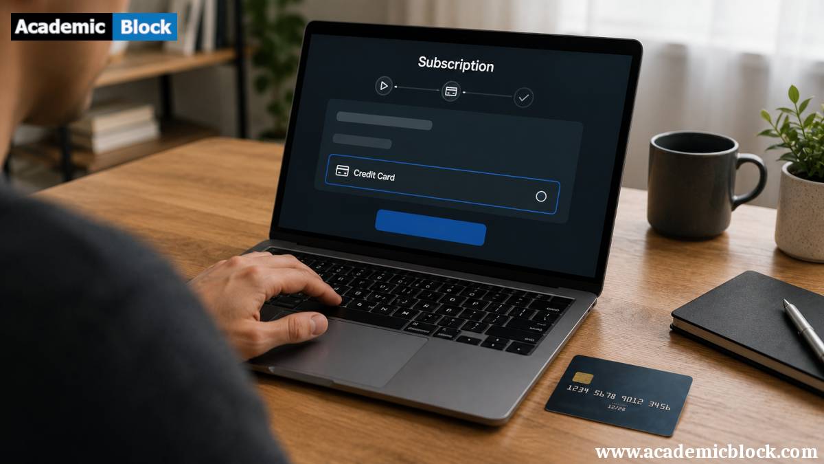 A person subscribes to an online service using a credit card, with a laptop displaying a subscription checkout page.