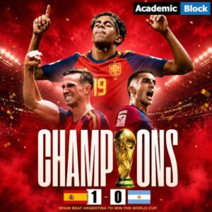 Spain celebrates World Cup glory with a 1–0 victory over Argentina in a bold championship poster.