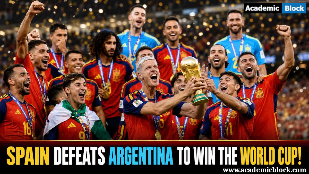 Álvaro Morata lifts the World Cup trophy as Lamine Yamal, Pedri, Rodri, and Spain celebrate a memorable victory over Argentina.