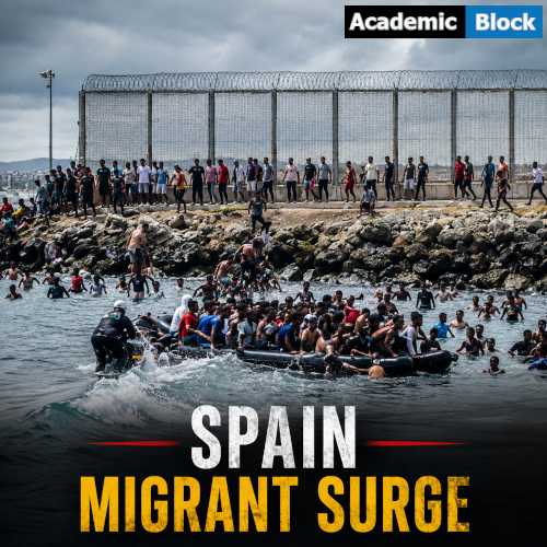 Image showing Spanish troops and an armored vehicle guarding the Ceuta border as a map highlights Ceuta's location during a massive migrant border surge from Morocco.