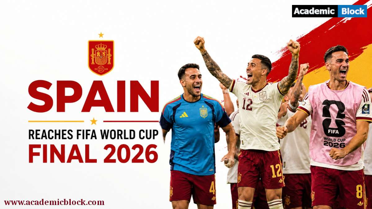 Spain's players celebrate joyfully after securing a place in the 2026 FIFA World Cup Final.