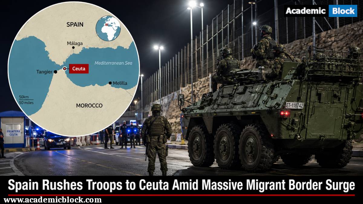 Image showing Spanish troops and an armored vehicle guard the Ceuta border as a map highlights Ceuta's location during a massive migrant border surge from Morocco.