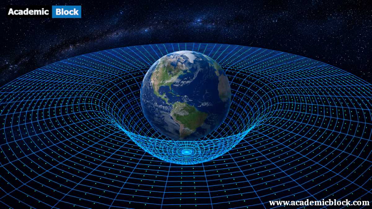 A scientific visualization of Earth curving the fabric of spacetime, shown as a glowing warped grid against a star-filled cosmic background, illustrating the concept of gravity in general relativity.