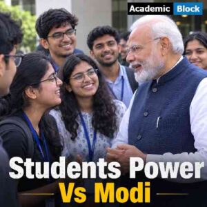 Image show a friendly interaction between PM Modi and Indian Students.