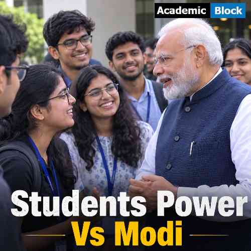Image show a friendly interaction between PM Modi and Indian Students.