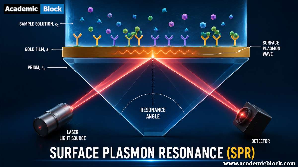 Image of Surface Plasmon Resonance (SPR) showing laser-based detection of biomolecular interactions on a gold sensor surface.