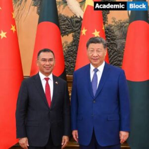 Image showing Tarique Rahman and Xi Jinping standing side by side during a China-Bangladesh diplomatic meeting with national flags in the background.