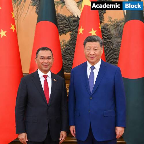 Image showing Tarique Rahman and Xi Jinping standing side by side during a China-Bangladesh diplomatic meeting with national flags in the background.