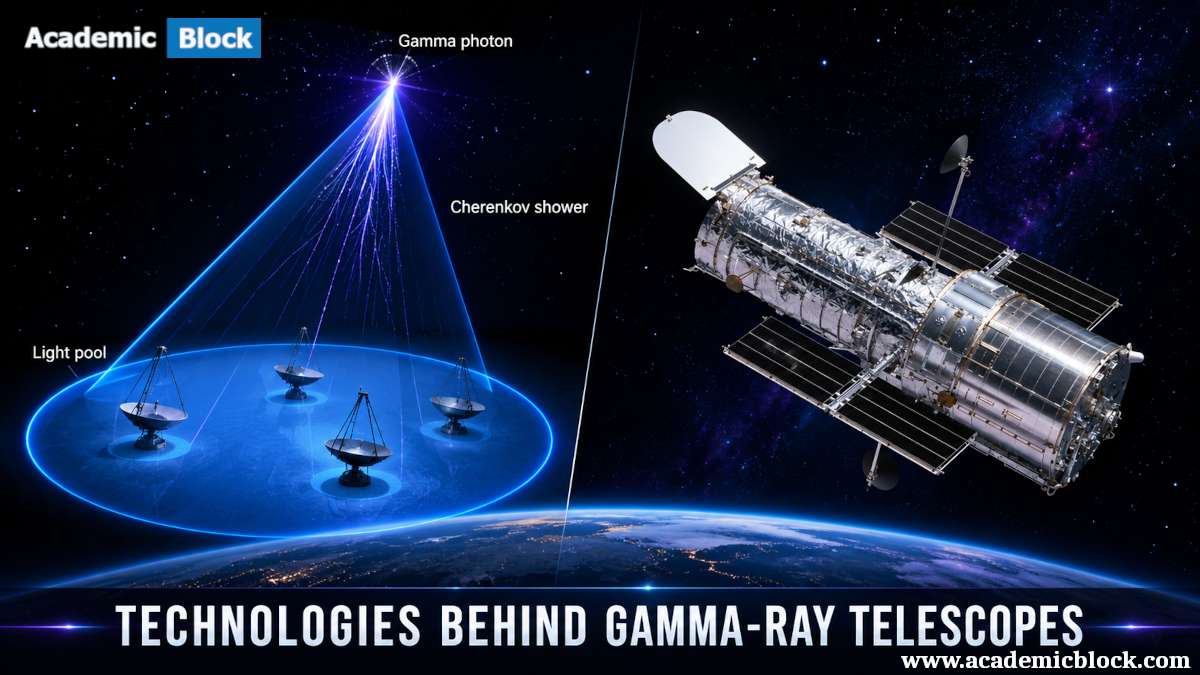 Image of the technologies behind gamma-ray telescopes, featuring ground-based Cherenkov detection and a space-based gamma-ray observatory.