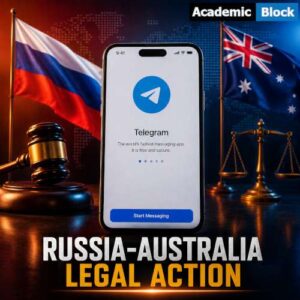 Image showing the Telegram app displayed on a smartphone with Russian and Australian flags, a judge's gavel, and scales of justice, illustrating legal action against the messaging platform.