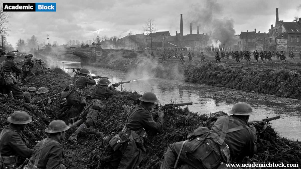 Image of the Battle of Mons (1914), showing British troops defending the canal against advancing German forces.