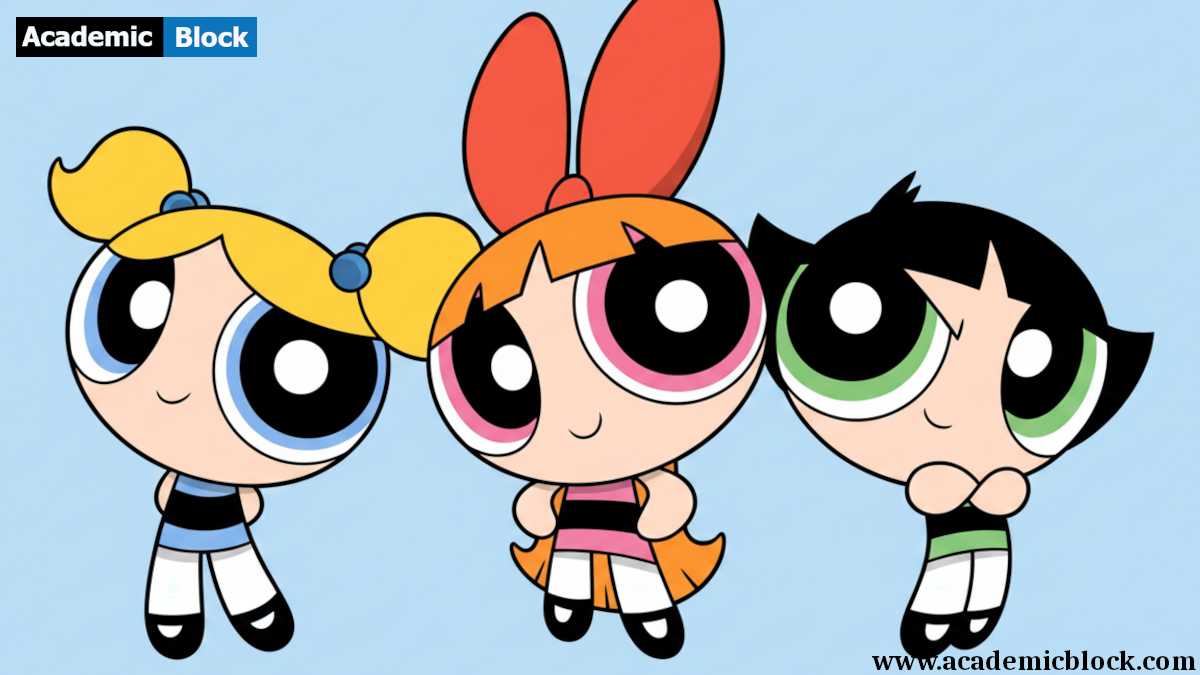 Blossom, Bubbles, and Buttercup stand confidently in the middle of Townsville, their big eyes and bold colors radiating charm and courage as they fight crime and save the day in the beloved cartoon series The Powerpuff Girls.