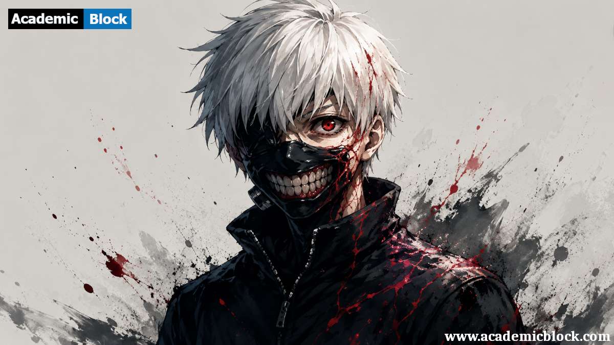 This image shows, Ken Kaneki’s ghoul visage, staring under rain.