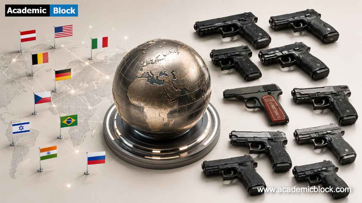  Image shows the flags of Top 10 Pistol Manufacturing Countries of the World along their popular Pistol models.