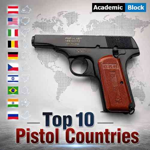 Image shows the flags of Top 10 Pistol Manufacturing Countries of the World. Image of iNDIAS Ashani Pistol can be seen in the background.