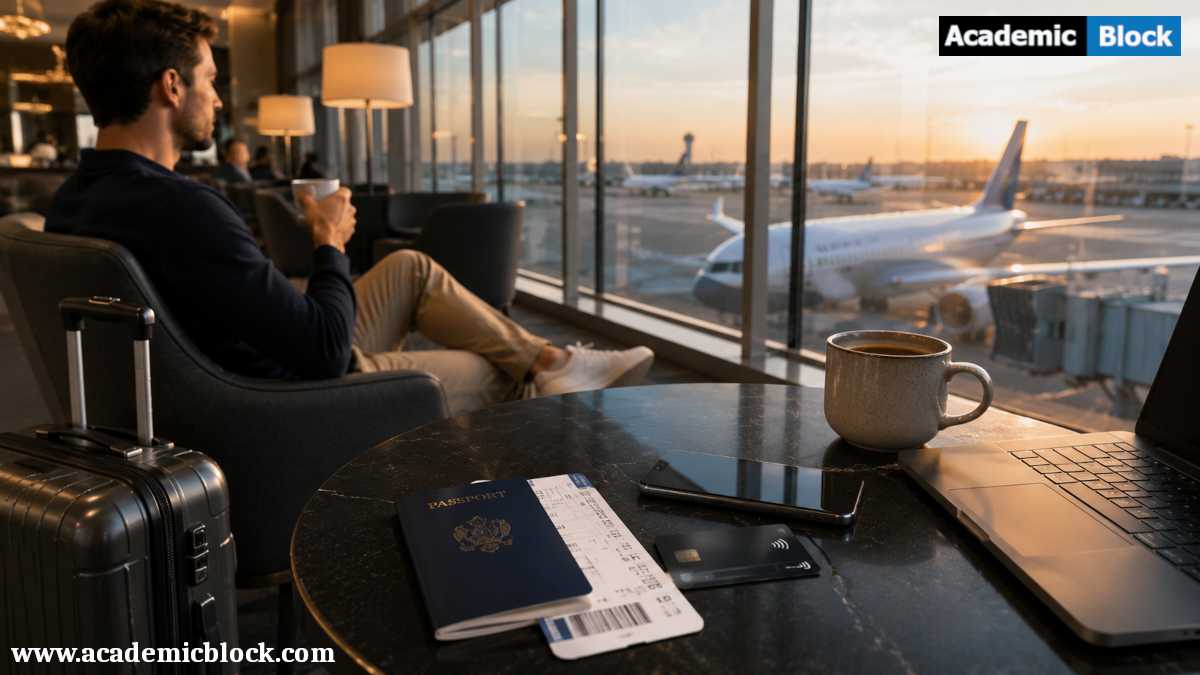 A traveler relaxes in a modern airport lounge with a passport, boarding pass, travel debit card, smartphone, laptop, and coffee on the table.
