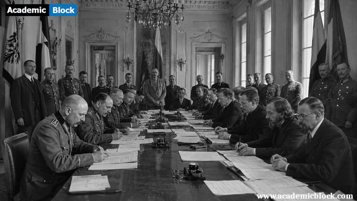 Image showing the Treaty of Brest-Litovsk (1918) signing ceremony, with German and Bolshevik delegates negotiating in a grand government hall.