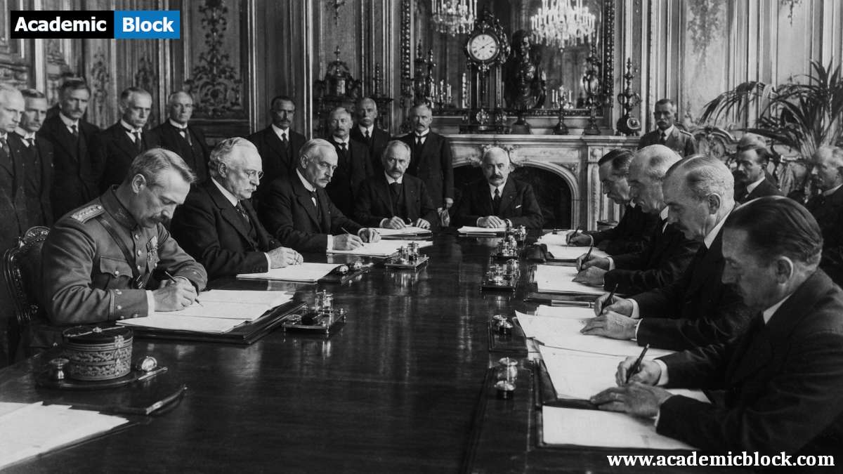 Image of Allied and Bulgarian delegates negotiating the Treaty of Neuilly-sur-Seine in an elegant French conference hall in 1919.