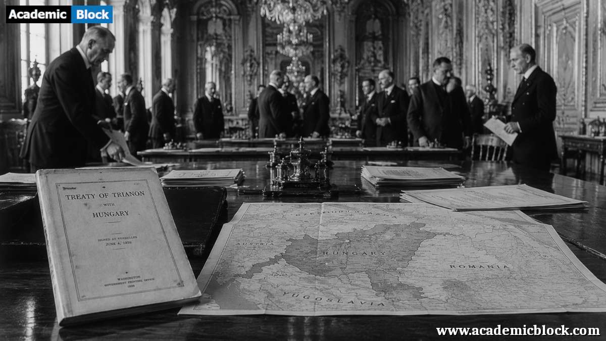 Image showing Treaty of Trianon, featuring official documents and a map of postwar Central Europe in a grand diplomatic setting.