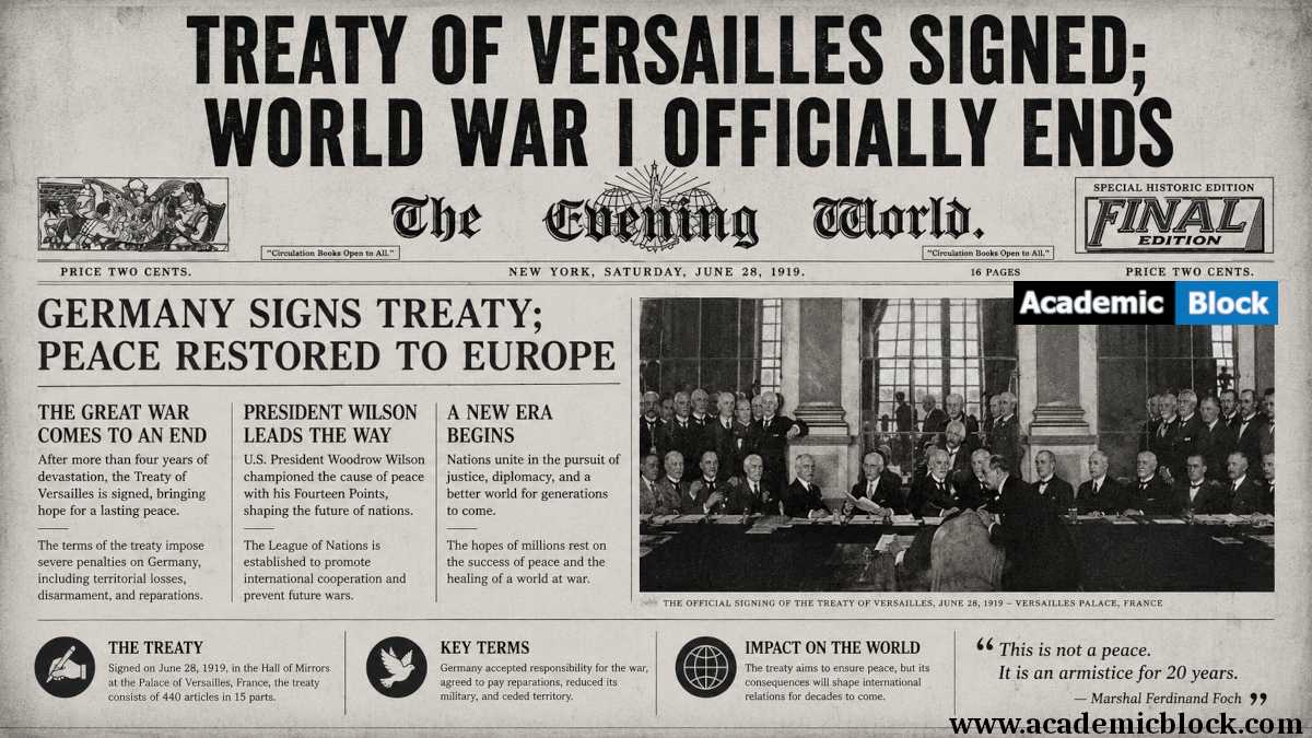 A vintage newspaper-style illustration announcing the signing of the Treaty of Versailles, marking the official end of World War I.