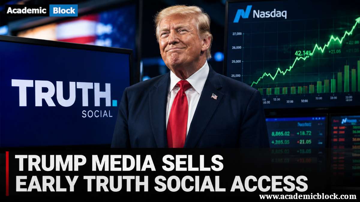 Image showing Donald Trump alongside Truth Social branding and rising stock market charts, highlighting Trump Media's early access offering for Truth Social posts.