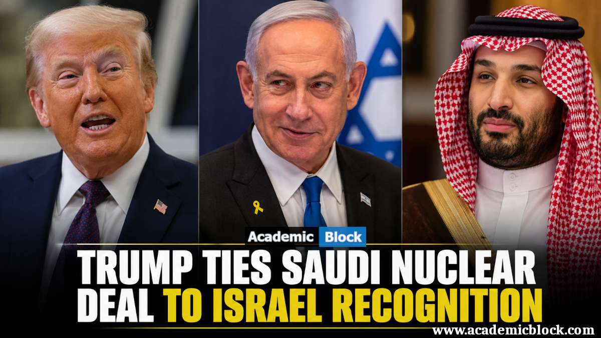 Image showing Donald Trump, Benjamin Netanyahu, and Mohammed bin Salman featured in a news graphic about the proposed US-Saudi nuclear deal linked to Israeli recognition.